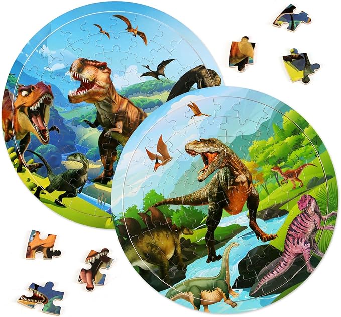 Wooden Dinosaur Puzzles for Kids Ages 4-6, Set of 2 Packs with 48-Piece Jigsaw Puzzles Preschool Educational Brain Teaser Boards Toys Gifts Children, Wood Puzzles for 3 4 5 6 7 8 Years Old Boys Girls