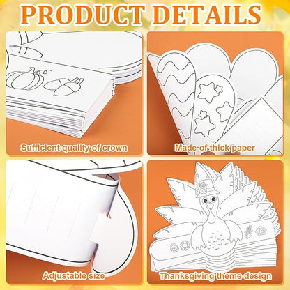 Color Your Own Turkey Crowns,24Pcs Thanksgiving Turkey Coloring Crowns Paper Turkey Hats Thanksgiving Crafts for Kids Family Classroom School and Holiday Craft Activity