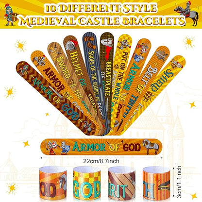 Frienda 40 Pcs Knight Slap Bracelets for Kids Bulk Medieval Theme Party Favors Slap Bracelets Armor of God Christian Bible Verse Religious Wristbands for Sunday School Supplies Classroom Rewards