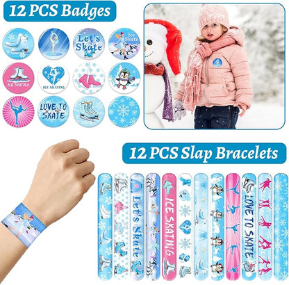 110 PCS Ice Skating Skate Party Favors, Winter Ice Skating Skate Stickers Temporary Tattoos Slap Bracelets Keychains Badges Gift Bags Ice Skating Birthday Party Decorations Supplies for Kids