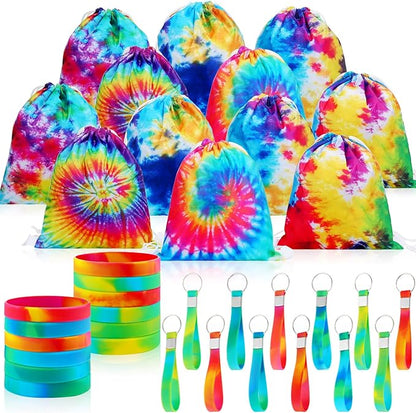 CHENGU 36 Pcs Tie Dye Camouflage Party Kit Camo Drawstring Bag Bulk Camouflage Military Rubber Keychain Silicone Camo Bracelet for Adult Kid Travel Paintball Camping Birthday Party Supplies (Tie Dye)