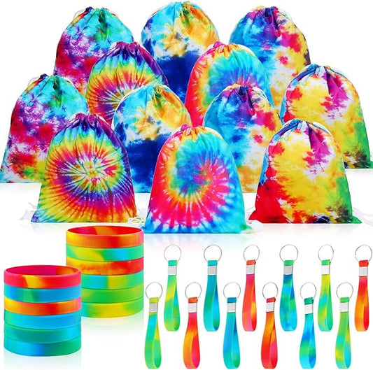 CHENGU 36 Pcs Tie Dye Camouflage Party Kit Camo Drawstring Bag Bulk Camouflage Military Rubber Keychain Silicone Camo Bracelet for Adult Kid Travel Paintball Camping Birthday Party Supplies (Tie Dye)