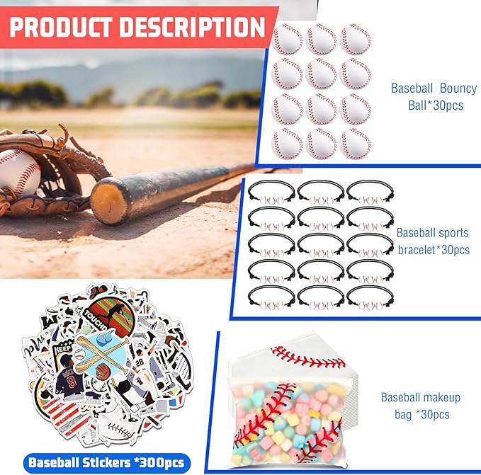 390 Pcs Baseball Party Favors Set Waterproof Baseball Gift Goodie Bags Foam Baseball Stress Ball Baseball Sports Bracelets Baseball Stickers for Baseball Themed Birthday Party Favor Decoration