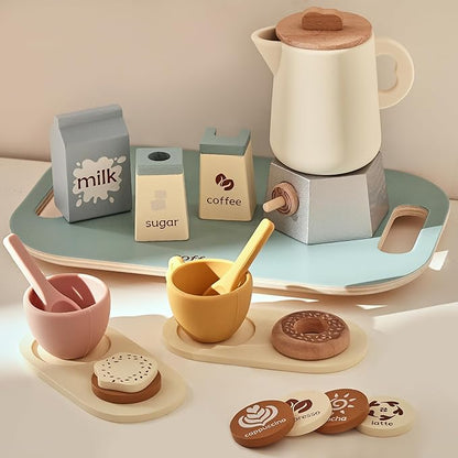 EERKEOD Tea Party Set for Kids Wooden Tea Sets for Toddler Girl Toys Pretend Play for Little Girls Kitchen Play Food Accessories Sets Wooden Educational Toys Gifts with Silicone