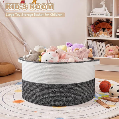 OIASKET Large Blanket Basket with Handles, 22.8" x 22.8" x 13" Woven Storage Basket for Living Room, Cotton Rope Baby Toy Storage for Clothes, Pillows, Towels-Black & White