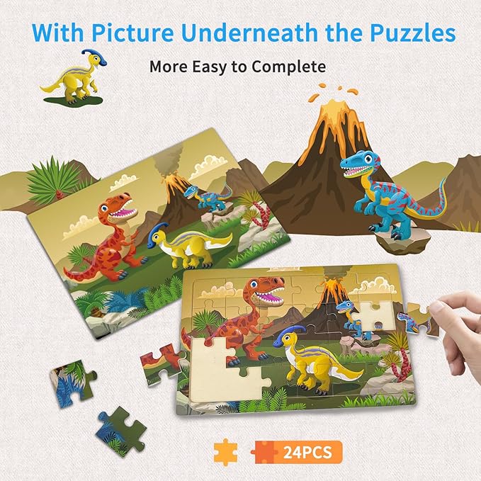 Puzzles for Kids Ages 3-5 4-6, 24 Pieces Dinosaur Wooden Jigsaw Puzzles for Toddlers Ages 3 4 5 6 Year Olds Educational Learning Toys Children Puzzles for Kids Boys and Girls