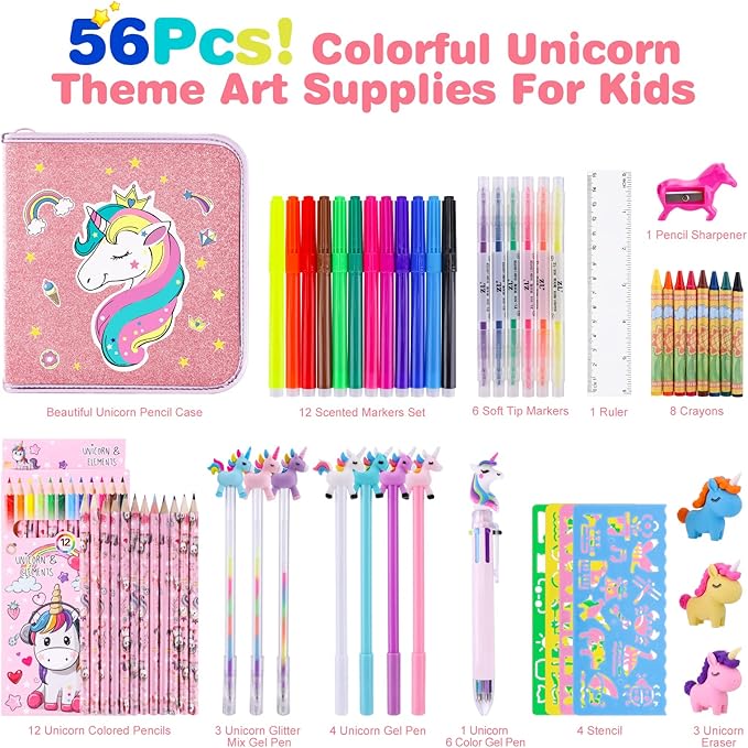53PCS Fruit Scented Markers Set - Art Coloring Drawing Kits for Kids with Unicorn Pencil Case, Art Supplies for Kids Ages 4 6 8,Stationary Set Pencil,Crayon&Markers Stuff,Birthday Gifts Toys for Girls