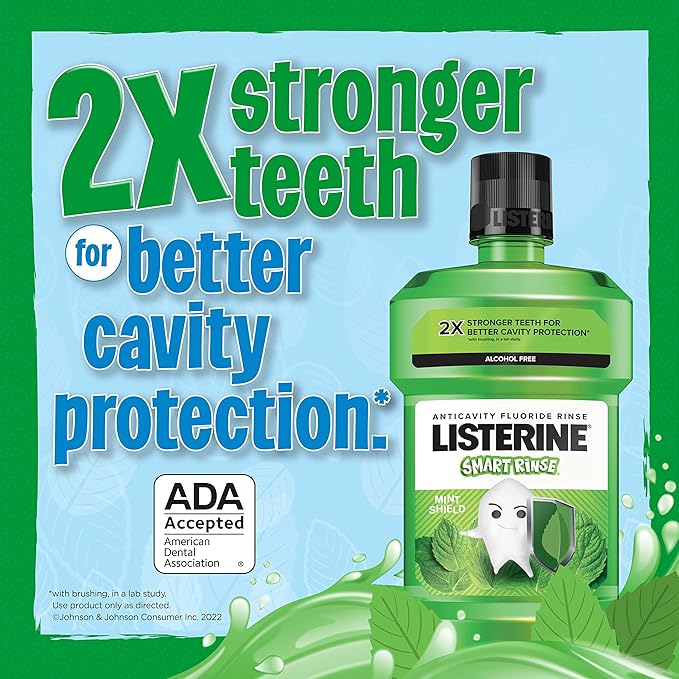 Listerine Smart Rinse Kids Mouthwash, ADA Accepted, Alcohol-Free Anticavity Sodium Fluoride Mouthwash, Oral Rinse for Dental Cavity Protection, Mint Shield Flavor for Children's Oral Care, 500 mL