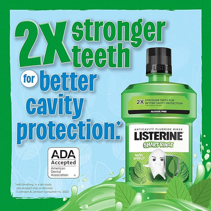 Listerine Smart Rinse Kids Mouthwash, ADA Accepted, Alcohol-Free Anticavity Sodium Fluoride Mouthwash, Oral Rinse for Dental Cavity Protection, Mint Shield Flavor for Children's Oral Care, 500 mL