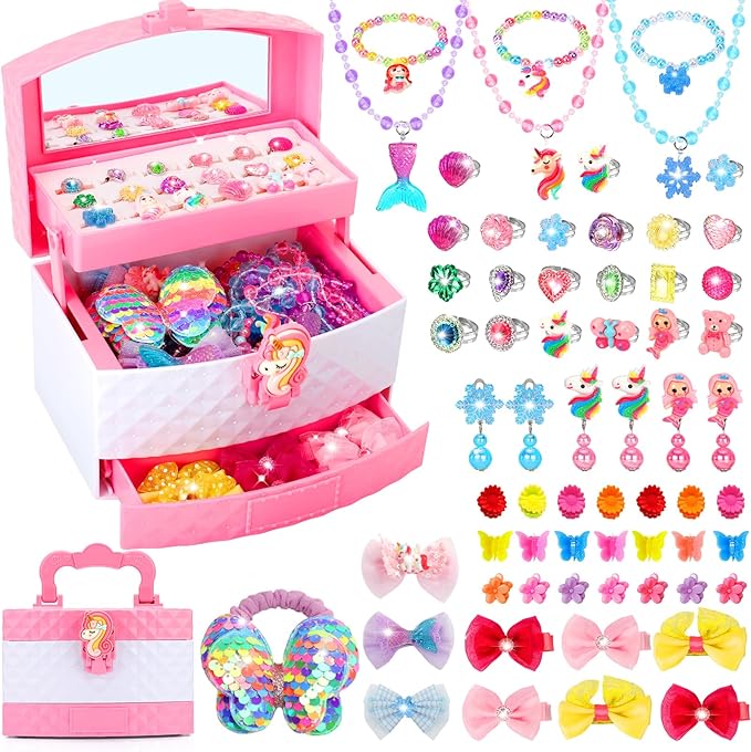 Kids Jewelry for Girls, 68Pcs Toddler Jewelry Toys Princess Dress Up Jewelry Set, Necklaces, Bracelets, Kids Rings, Hair Ties, Hair Clips, Funny Christmas Birthday Gifts for 3 4 5 6 7 8 Year Old Girl