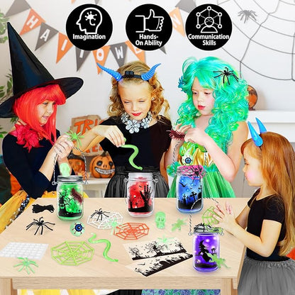 SpringFlower Halloween Craft for Kids, Halloween Mason Jar with Accessories,Halloween Art Activities Party Favors Supplies, Halloween DIY Lantern Jar,4 Pack