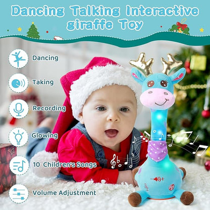 Dancing Talking Giraffe with Golden Antlers Toy, Stuffed Animal Baby Toy Repeating What You Say, Musical Toy with Golden Anlters Easter Gifts for Toddlers 1-3 Years Old (Blue Giraffe Antlers)