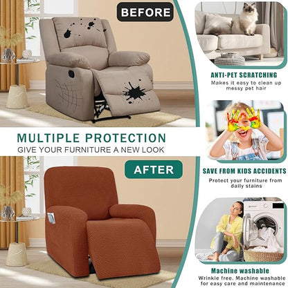 NILUOH Recliner Cover 4 Pieces Stretch Jacquard Recliner Chair Cover with Side Pocket Anti-Slip Fitted Washable Reclining Chair Protector with Elastic Bottom for Kids, Pets, Dogs