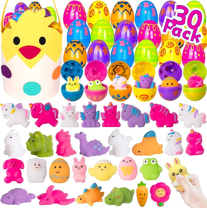 30 Pack Easter Eggs Colorful Animal Dinosaur Unicorn Mochi Squishies Toys & Cute Chick Easter Basket for Toddler Kids Easter Theme Party Favor Easter Eggs Hunt Ester Basket Stuffers Boys Girls Gifts