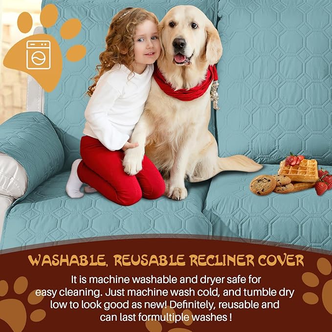 XINEAGE 100% Waterproof Recliner Chair Cover, Non Slip Covers for Recliner Chair with Pocket, Washable Dog Recliner Couch Cover with Elastic Straps (Light Blue, 23.6")