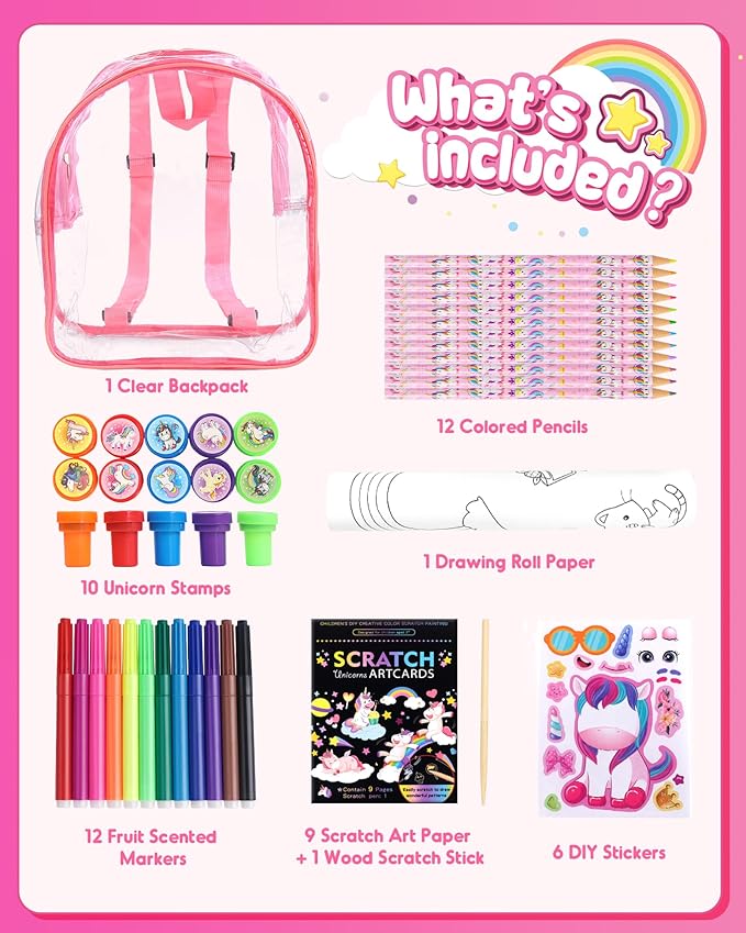 D-FantiX Unicorn Art Supplies Clear Backpack for Toddler, 51Pcs DIY Coloring Craft Kits with Scratch Art Paper and Stickers, Road Trip Activities for Kids, Creative Birthday Gift for Girls