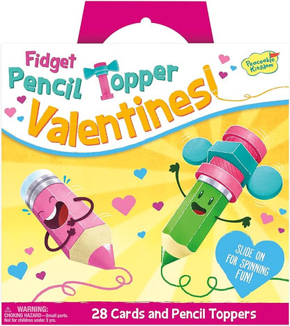 Peaceable Kingdom Valentines Cards for Kids Classroom, Set of 28 Valentines Day Gifts - Fidget Spinner Pencil Toppers