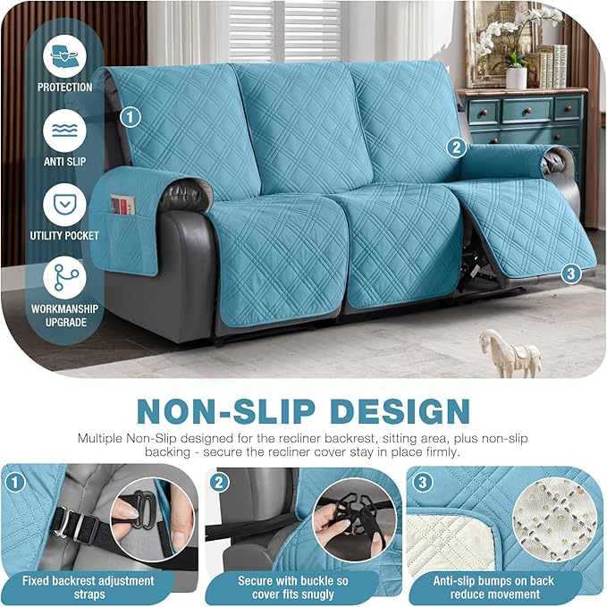 TAOCOCO 100% Waterproof Recliner Sofa Covers 3 Seater Split Couch Covers for 3 Cushion Reclining Couch with Straps, Non Slip Reclining Sofa Covers Furniture Protector for Kids Pets(3 Seater, Sky Blue)
