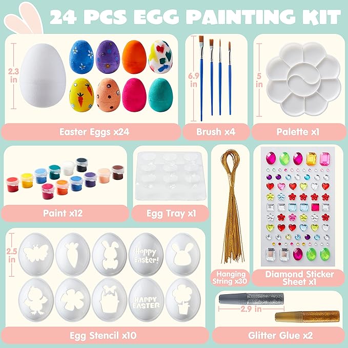 Klever Kits 24Pcs Easter Eggs Painting Kit Easter Egg Coloring Craft DIY Doodle for Kids with Stickers and Stencils for Theme Party, Creativity Activities, Decoration