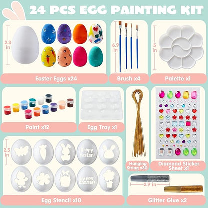 Klever Kits 24Pcs Easter Eggs Painting Kit Easter Egg Coloring Craft DIY Doodle for Kids with Stickers and Stencils for Theme Party, Creativity Activities, Decoration