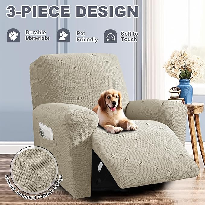 JIVINER Oversized Recliner Chair Covers, 3 Piece Slipcovers for Large Recliner Chair Soft Jacquard Reclining Chair Protector Slipcovers for Dogs,Cats (X-Large, Khaki)