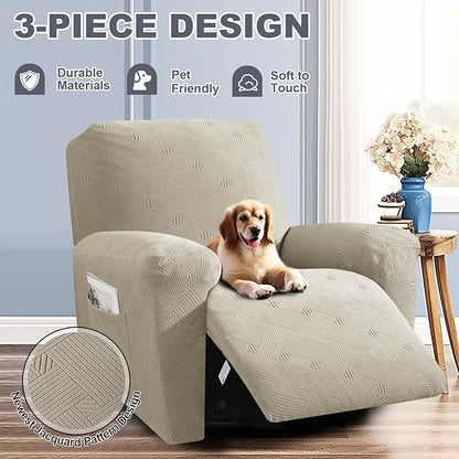 JIVINER Oversized Recliner Chair Covers, 3 Piece Slipcovers for Large Recliner Chair Soft Jacquard Reclining Chair Protector Slipcovers for Dogs,Cats (X-Large, Khaki)