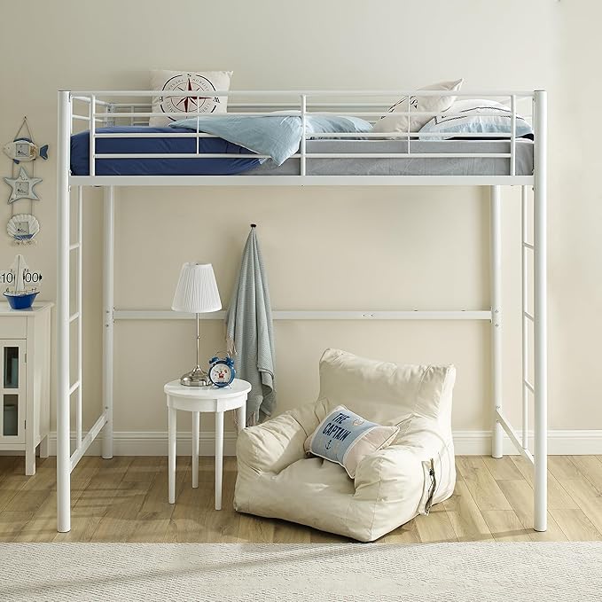 Walker Edison Timothee Urban Industrial Metal Twin over Loft Bunk Bed, Twin Size, White