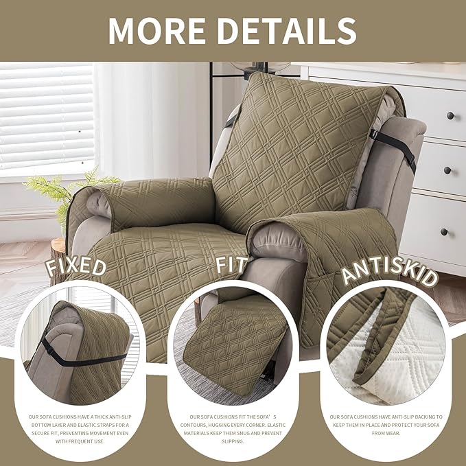 Easehomey 100% Waterproof Recliner Chair Covers, Non Slip Oversized Reclining Cover, Cover Furniture Protector Washable Chair Cover with Pocket,Elastic Straps for Kids,Pets,Dogs(Khaki,28")
