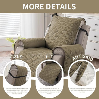 Easehomey 100% Waterproof Recliner Chair Covers, Non Slip Oversized Reclining Cover, Cover Furniture Protector Washable Chair Cover with Pocket,Elastic Straps for Kids,Pets,Dogs(Khaki,28")