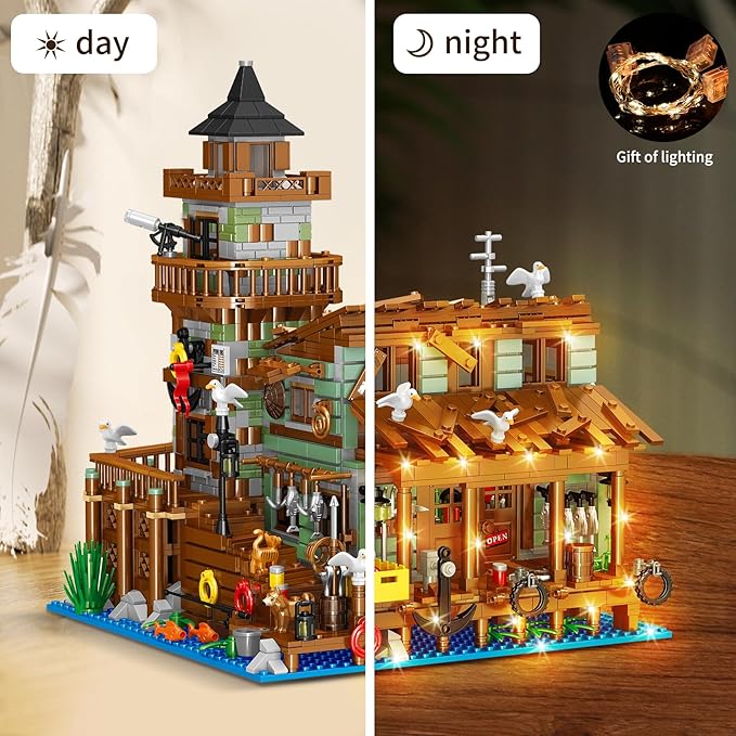1881PCS Fishing Village Wood Cabin mini Building Blocks Toys with Led Lighting,Creative Ideals Fishing House Building Sets, Best Choice for 6+ Boys, Girls or Adults(Not Compatible with Lego)