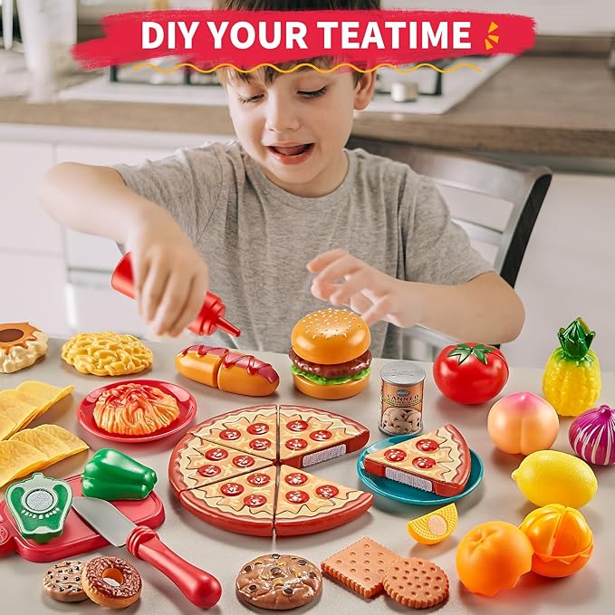 Play Food Sets for Kids Kitchen-80PC Pretend Food with 2 Kids Picnic Basket, Toy Food with Pizza Toy, Plastic Food Cutting Toys, Play Kitchen Accessories - Fake Food, Boys Girls Toddlers Gifts