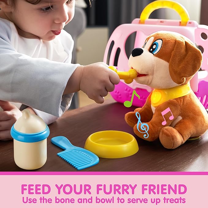 JOYIN Toy Dog for Toddlers, Play Puppy Toy with Carrier & Accessories, Plush Dog with Interactive Button, Lights & Sounds, Pet Care Set for Kids 1 2 3 4 Years Old, Birthday Gifts for Girls