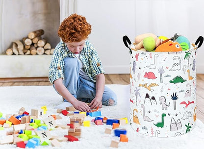 Dinosaur Pattern 19.7 Inch Round Laundry Clothes Hamper Laundry Basket with Handles,Storage Organizer Bins Laundry Gift Basket for Room, Bedroom Decor