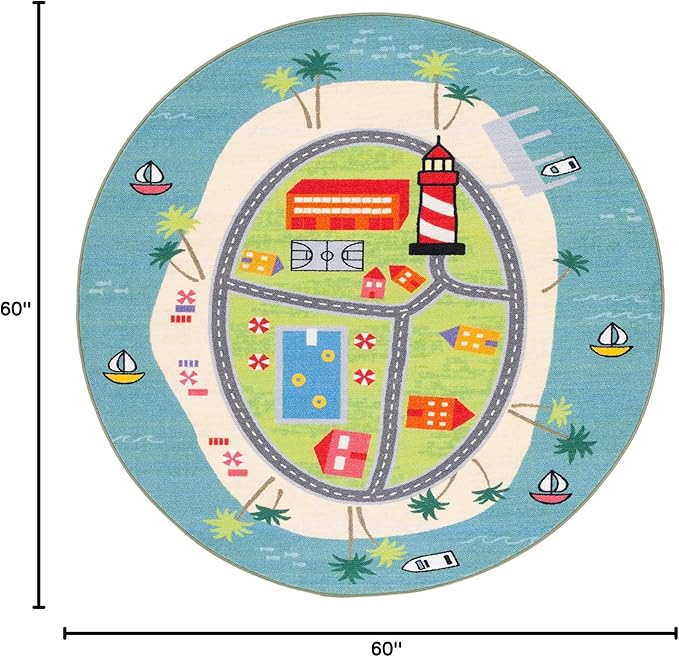SAFAVIEH Kids Playhouse Collection Area Rug - 5' Round, Blue & Green, Non-Shedding Machine Washable & Slip Resistant Ideal for High Traffic Areas for Boys & Girls in Playroom, Nursery (KPH202M)