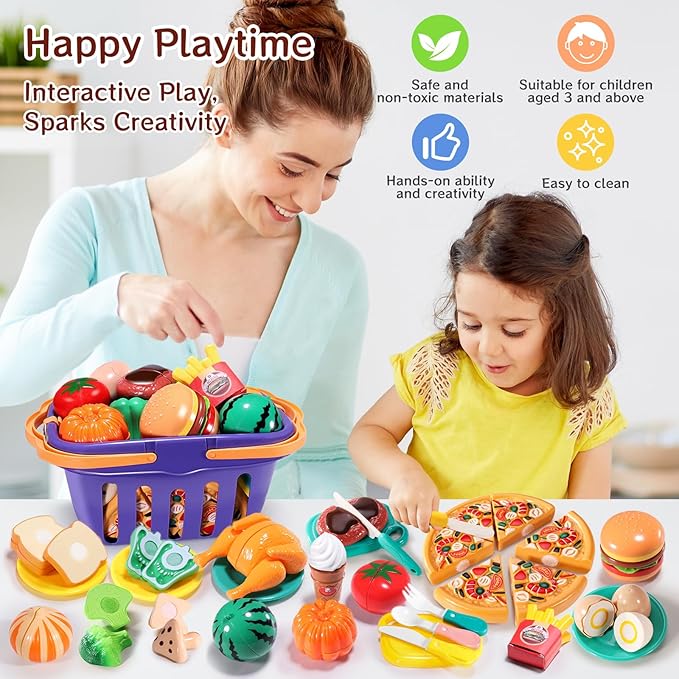 Kids Deluxe Cutting Playset Includes Sliceable Fruits, Vegetables, Pizza, Knife & Fork-Fun&Educational Pretend Play Kitchen Toy for Toddlers and Children-Safe and Realistic Food Cutting Set