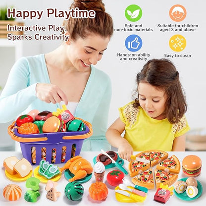 Kids Deluxe Cutting Playset Includes Sliceable Fruits, Vegetables, Pizza, Knife & Fork-Fun&Educational Pretend Play Kitchen Toy for Toddlers and Children-Safe and Realistic Food Cutting Set