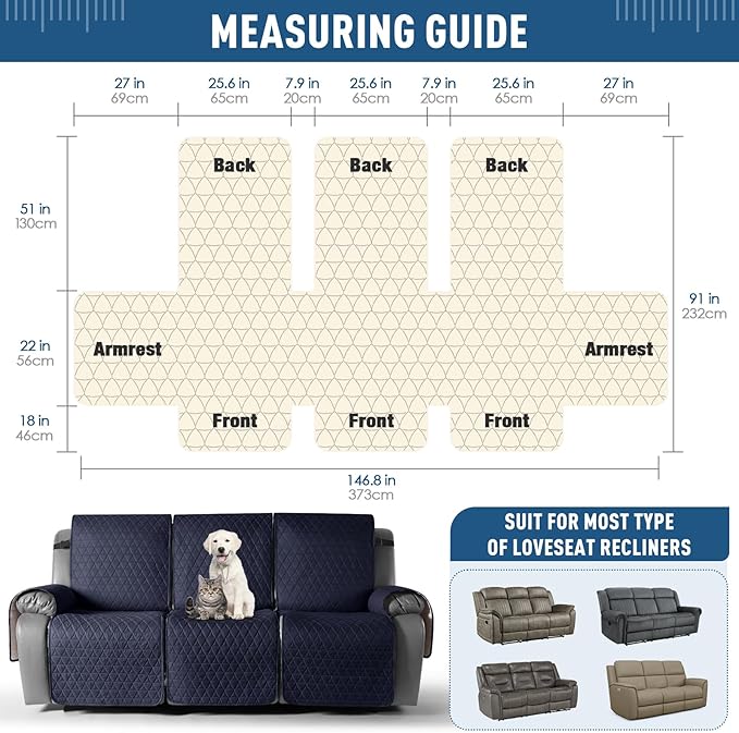 TAOCOCO 100% Waterproof Recliner Sofa Cover-Non Slip Split Couch Covers for Reclining Couches with Elastic Straps,Couch Covers for 3 Cushion Couch Sofa Pet Friendly(Dark Blue, 3 Seater)