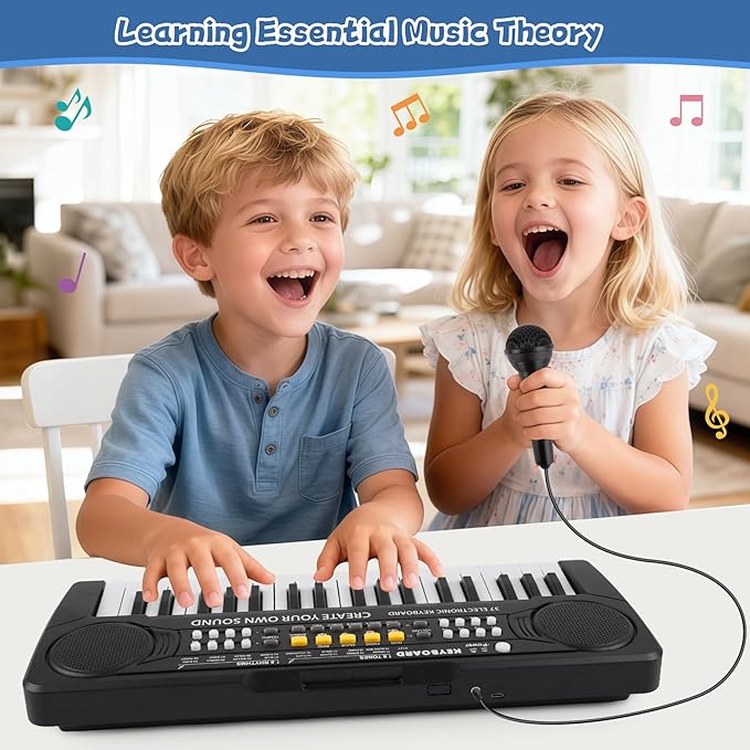 Kids Toddler Toy Piano Keyboard - 37 Key Pianos for Kid Music Toys Instruments with Microphone | Unlock Musical Fun, Perfect Birthday for 3-8 Year Old (Black)