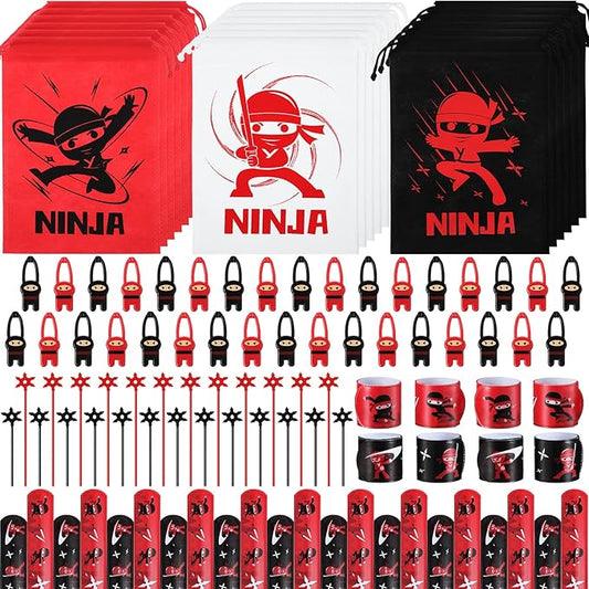 Cindeer 9 Set Ninja Party Favors, Includes Ninja Theme Drawstring Bags, Stretchy Flying Ninjas and Stars Slingshots Stretch Toys, Slap Bracelets for Karate Ninja Birthday Party Favor Supplies