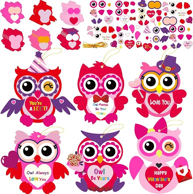 chiazllta 30 PCS Valentine's Day Craft Kits DIY Owl Craft for Kids Valentine's Heart Craft Make Your Own Owl Bulk Set for Home Classroom Game Activities