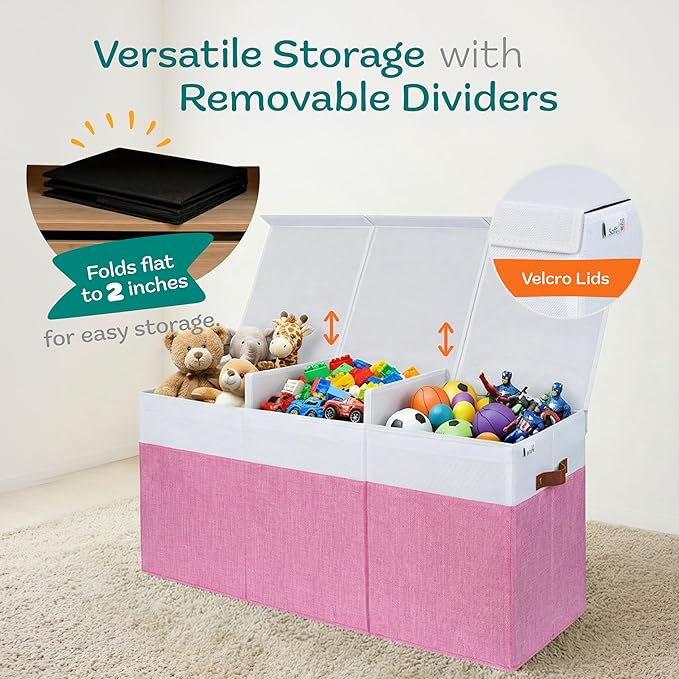 SoftOwl Extra Large Toy Storage Organizer with Lid - Sturdy, Collapsible Toy Chest Storage Box Design - Toys Bin with Dividers for Kids, Nursery, Bedroom, Playroom 37"x16"x14"