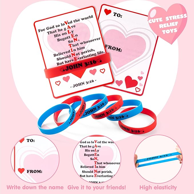 JOYIN 56 Pcs Valentine’s Day Silicone Bracelet with Cards, John 3:16 Rubber Bracelet Valentine Gift, Party Favor Supplies, Classsroom Exchange Prizes, Holiday Reward Gifts