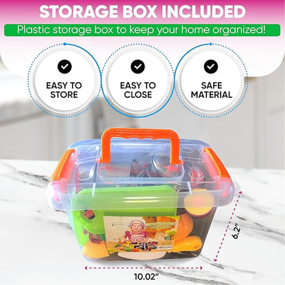 FUNERICA Toddler Kitchen Accessories Playset with Cutting Food Vegetables and Stainless-Steel Play Pots - Pretend Kids Cooking Utensils - Apron & Chef Hat - Toy Knife & Cutting Board for Girls & Boys