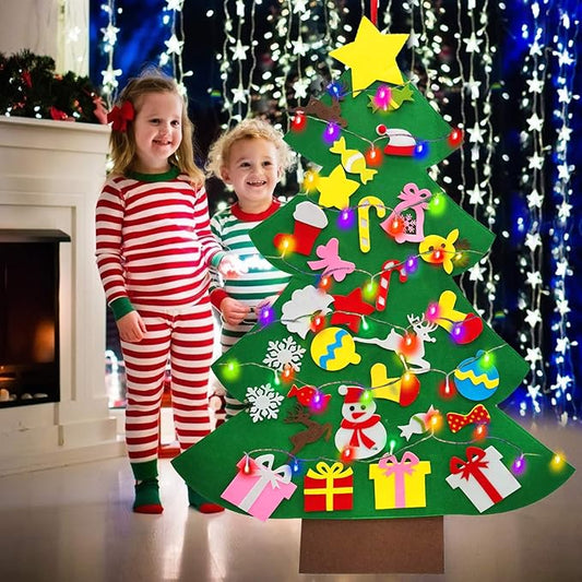 iGeeKid 4 Ft Led Felt Christmas Tree for Toddler Kids DIY Felt Christmas Craft Kits with 30 Ornaments 10ft Multi-Colored String Light Christmas Wall Hanging Decor Xmas Kids Gifts Party Supplies
