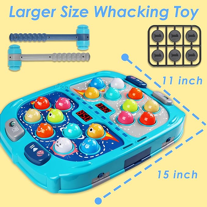 Whack Mole Game for Toddlers, 11x15 Inch Large Whacking Toy with Sound and Light, Interactive Pounding Toy for Kids, 9 Speeds for Beginners/The Skilled/Experts to Challenge, Toys for 3+ Year Old Boys