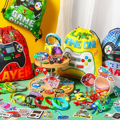 Sadnyy 140 Pcs Video Game Party Favors Birthday Party Decorations Supplies Drawstring Bags with Silicone Bracelets Keychains Straws Button Pins Stickers for Classroom Rewards Goodie Bags Stuffers