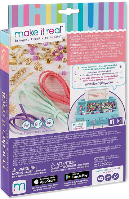 Make It Real: Gold-Link Suede Bracelets Kit - Create 6 Unique Cord & Tassel Charm Bracelets, 105 Pieces, Includes Play Tray, DIY Link & Bead Jewelry Kit, Tweens & Girls, Arts & Crafts, Kids Ages 8+