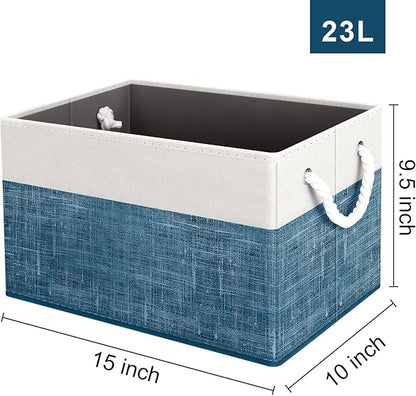 Fab totes Storage Bins [2-Pack], Foldable Storage Baskets for Organizing Toys, Books, Shelves, Closet, Large Storage Box with Rope Handles, Sturdy Organizer Bins, White & Blue