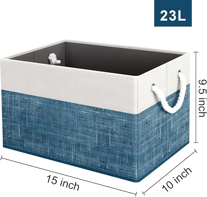 Fab totes Storage Bins [4-Pack], Foldable Storage Baskets for Organizing Toys, Books, Shelves, Closet, Large Storage Box with Rope Handles, Sturdy Organizer Bins, White & Blue