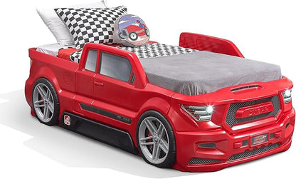 Step2 Turbocharged Twin Size Truck Car Bed, Car Bed for Boys & Girls, Working Headlights & Built-In Storage, Made of Durable Plastic, For Toddlers 3+ Years Old, Vibrant Red